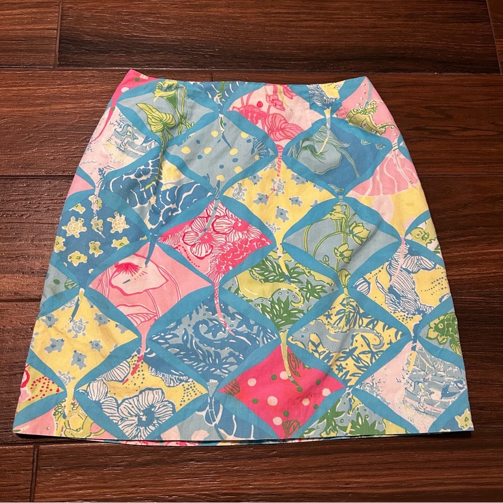 Lilly Pulitzer Patchwork Skirt‎ 4 Back Zipper Closure Pink Blue